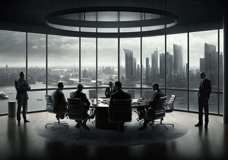 C-suite executives, in a boardroom meeting